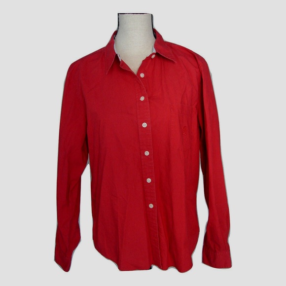womens red button down shirt